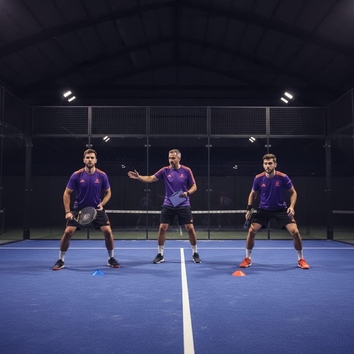 Coach weist Spieler auf dem Padel-Court ein