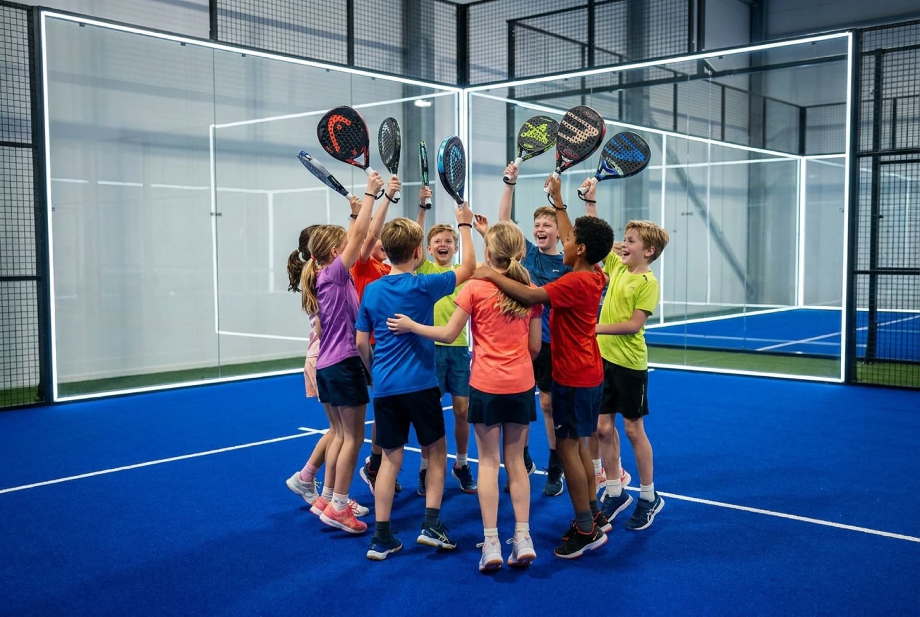 Gruppe von Schülerinnen und Schülern reckt die Padel-Schläger in die Höhe