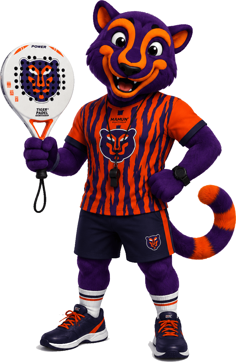 Das Tiger-Padel-Maskottchen als Trainer mit Pfeife und Schläger